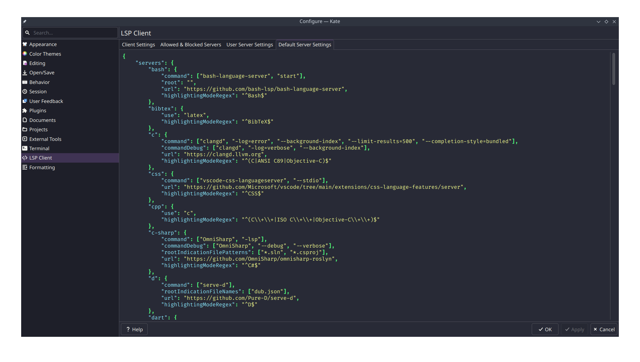 Kate text editor lsp client settings